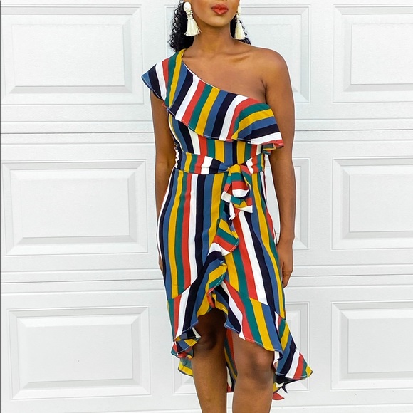 Colorful Asymmetrical Ruffle Midi Dress - Picture 6 of 6